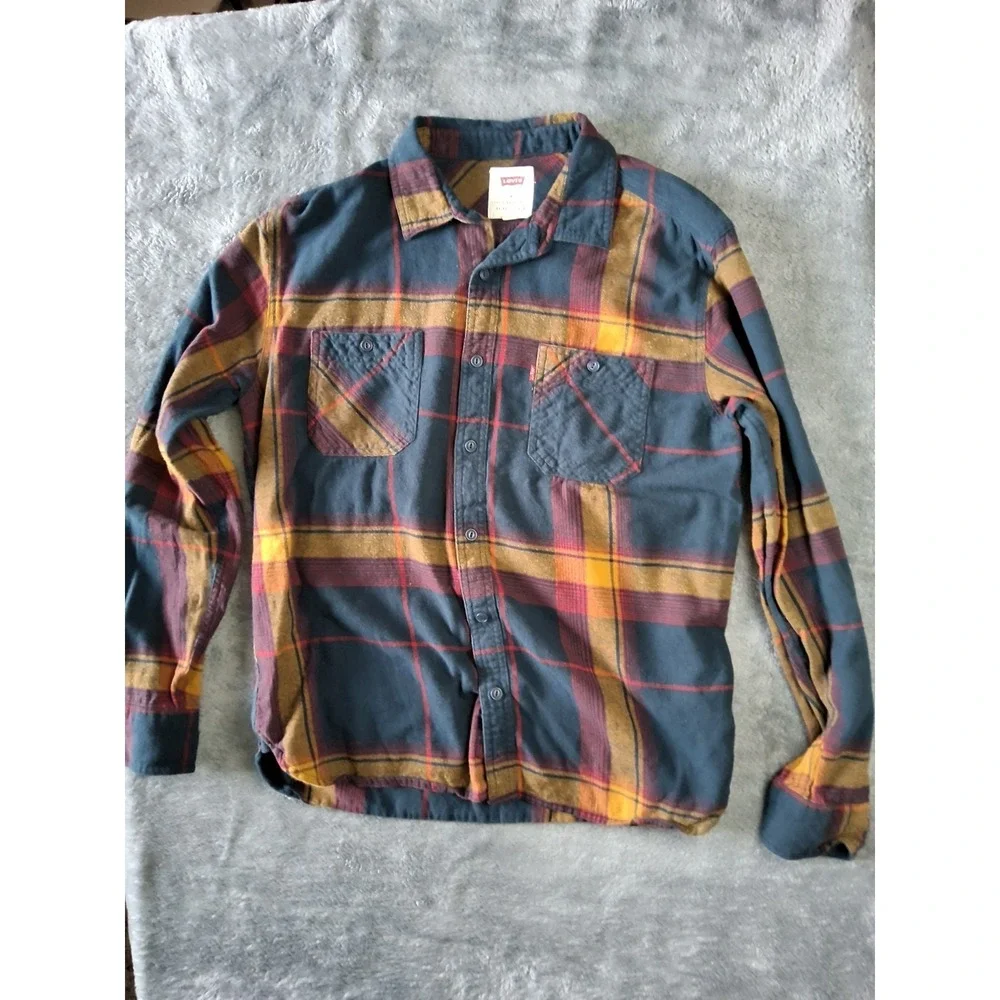 Levis Shirt Mens Medium Red Orane Button Madras Plaid Flannel Long Sleeve